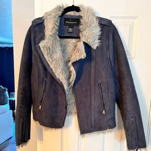 Steel blue suede bomber style jacket with fur inside. Very cozy.